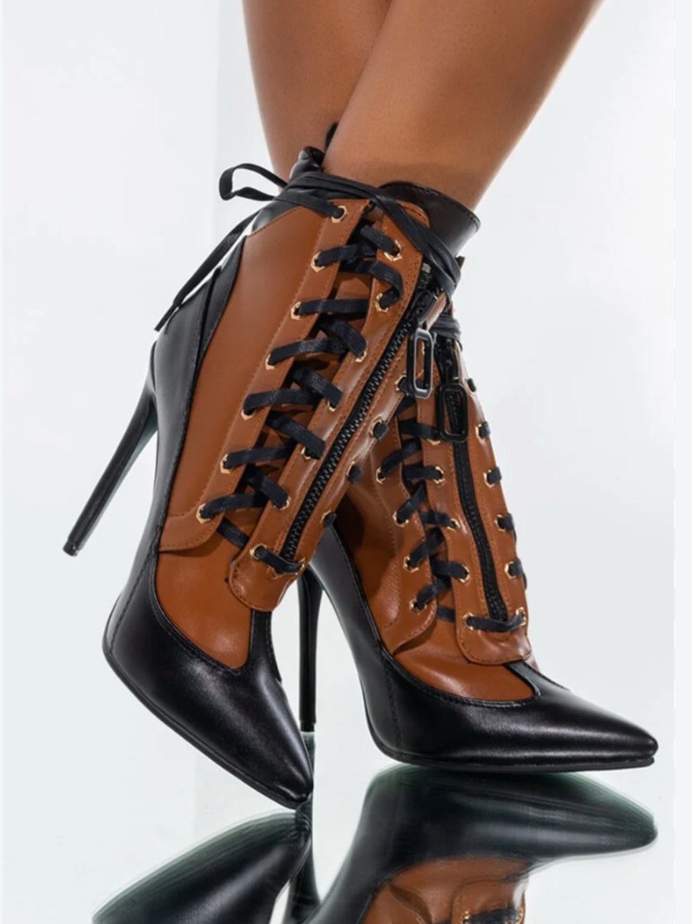 Two-Tone Lace-Up Stiletto Booties in Brown and Black